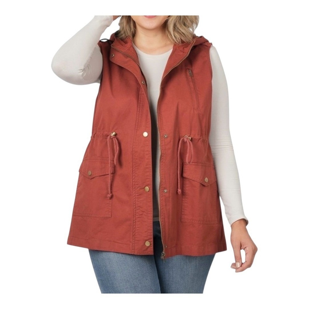 Zenana Outfitters Utility Vest Womens Small Rust Orange Hooded Drawstring Cotton